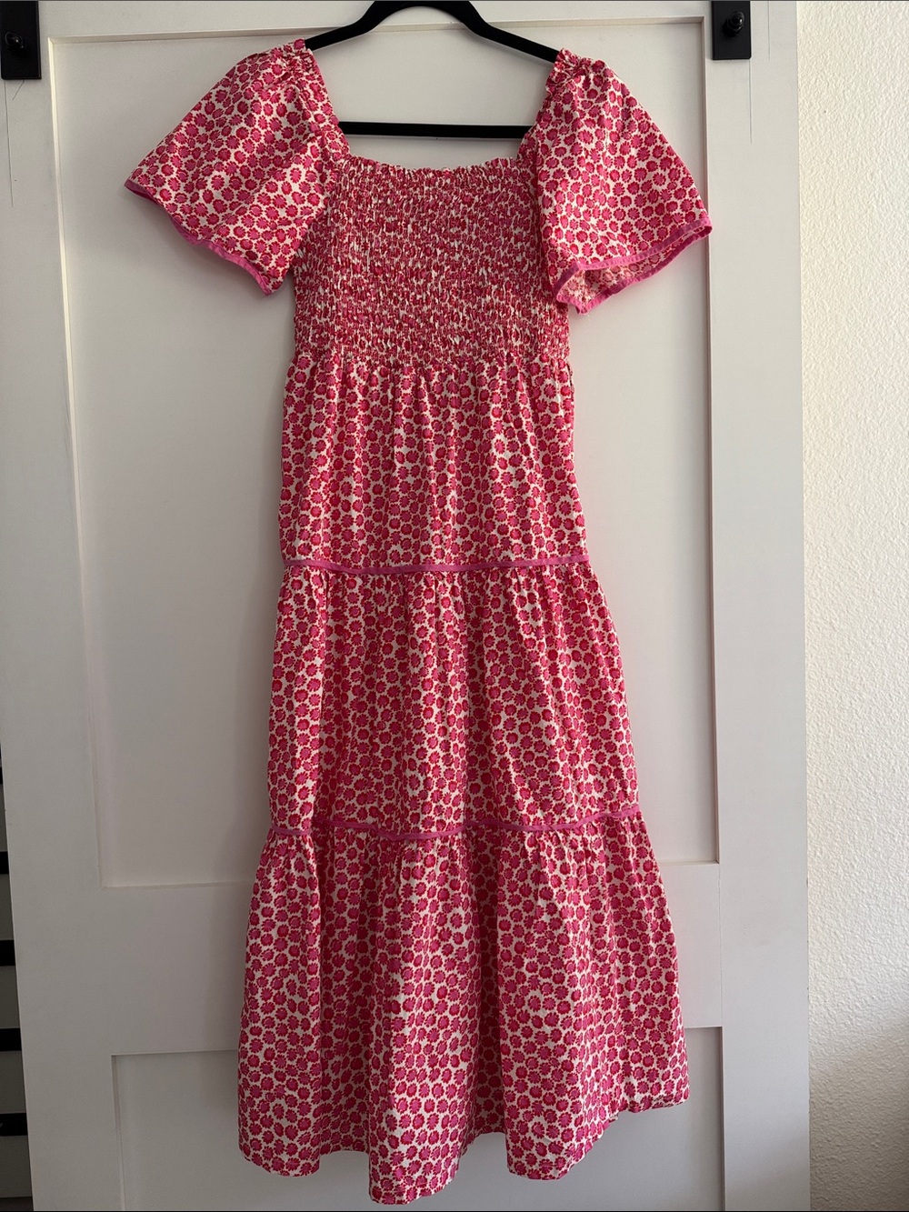 Umgee Pink Red Printed Smocked Midi Dress Small